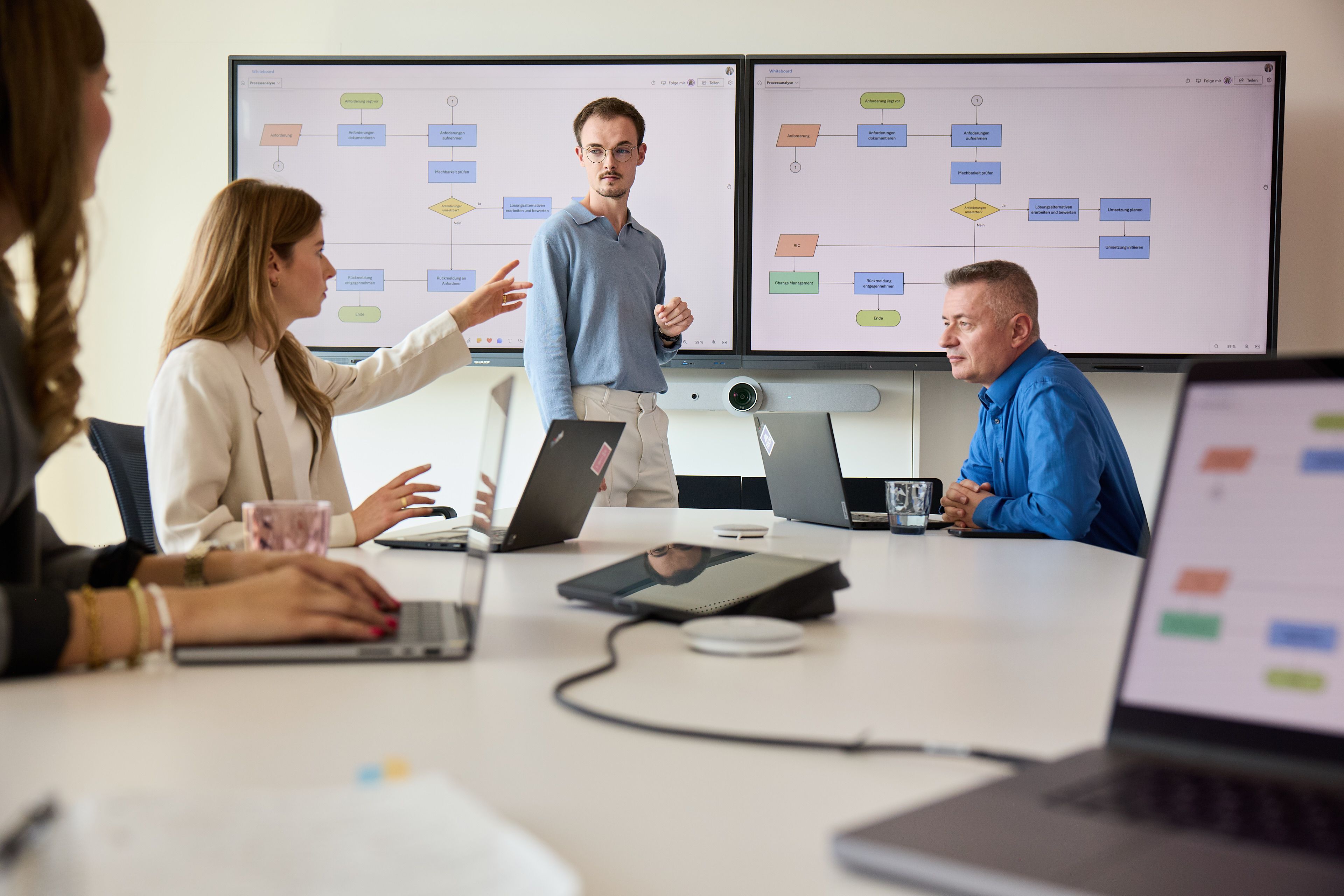 Zwei junge Frauen und zwei Männer sitzen in einem Meetingraum mit mehreren Laptops und digitalen Whiteboards